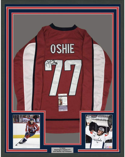 Framed Autographed/Signed TJ T.J. Oshie 35x39 Washington Red Hockey Jersey JSA COA