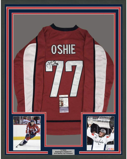 Framed Autographed/Signed TJ T.J. Oshie 35x39 Washington Red Hockey Jersey JSA COA