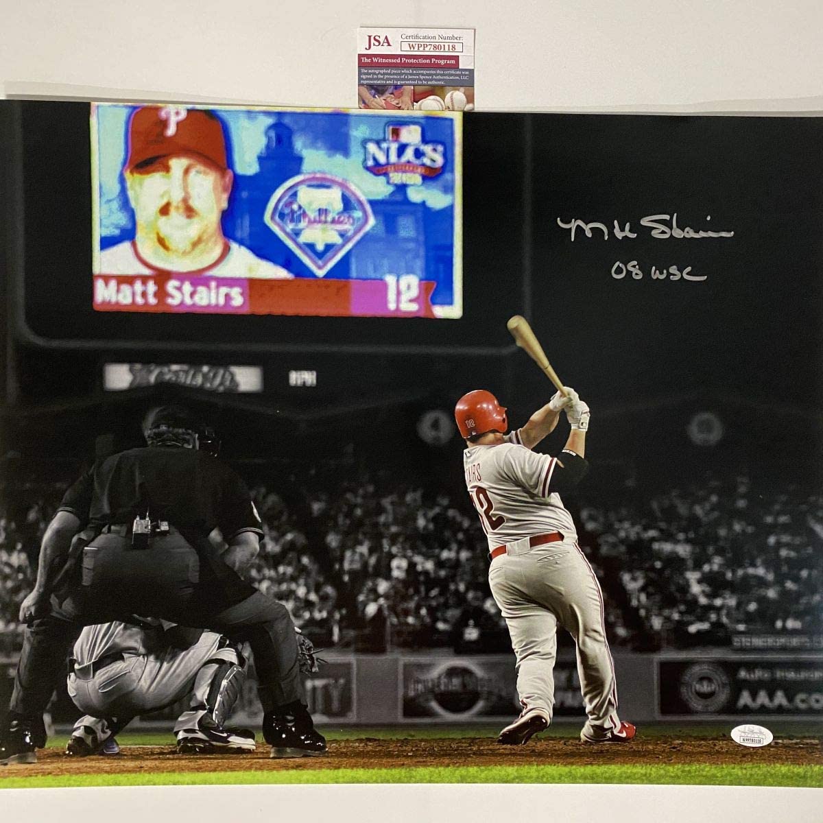Autographed/Signed Matt Stairs 08 WSC Moon Shot Philadelphia Phillies 16x20 Baseball Photo JSA COA
