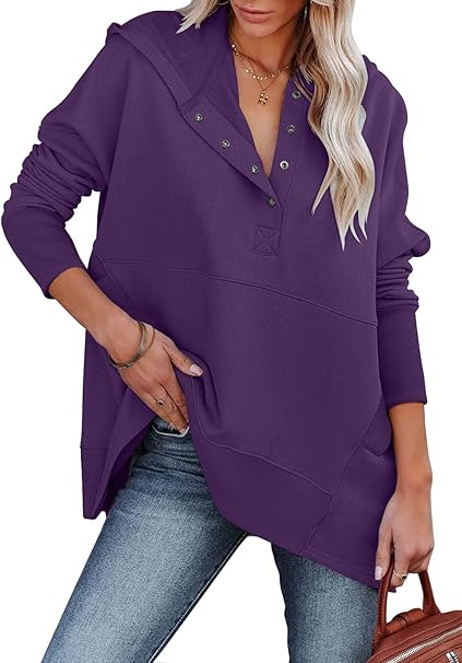 onlypuff Womens Oversized Hoodies and Sweatshirt V Neck Button up Loose Fit Henley Shirt 2022 Fall Fashion