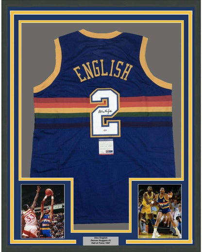 Framed Autographed/Signed Alex English 35x39 Denver Blue Basketball Jersey PSA/DNA COA