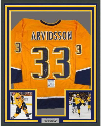 Framed Autographed/Signed Viktor Arvidsson 35x39 Nashville Yellow Hockey Jersey PSA/DNA COA