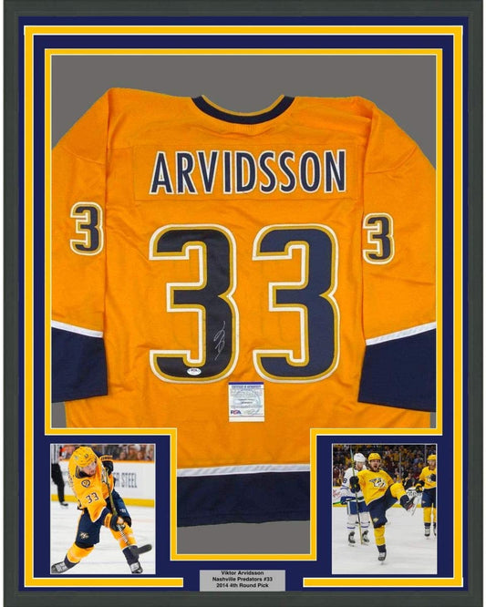 Framed Autographed/Signed Viktor Arvidsson 35x39 Nashville Yellow Hockey Jersey PSA/DNA COA