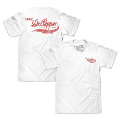 Faded Drink Dr Pepper Vintage Logo Front and Back Print T-Shirt - White