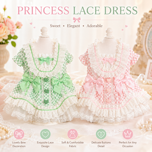 Vintage Gingham Dog Dress | Lace Princess Puppy Dress with Tulle Skirt
