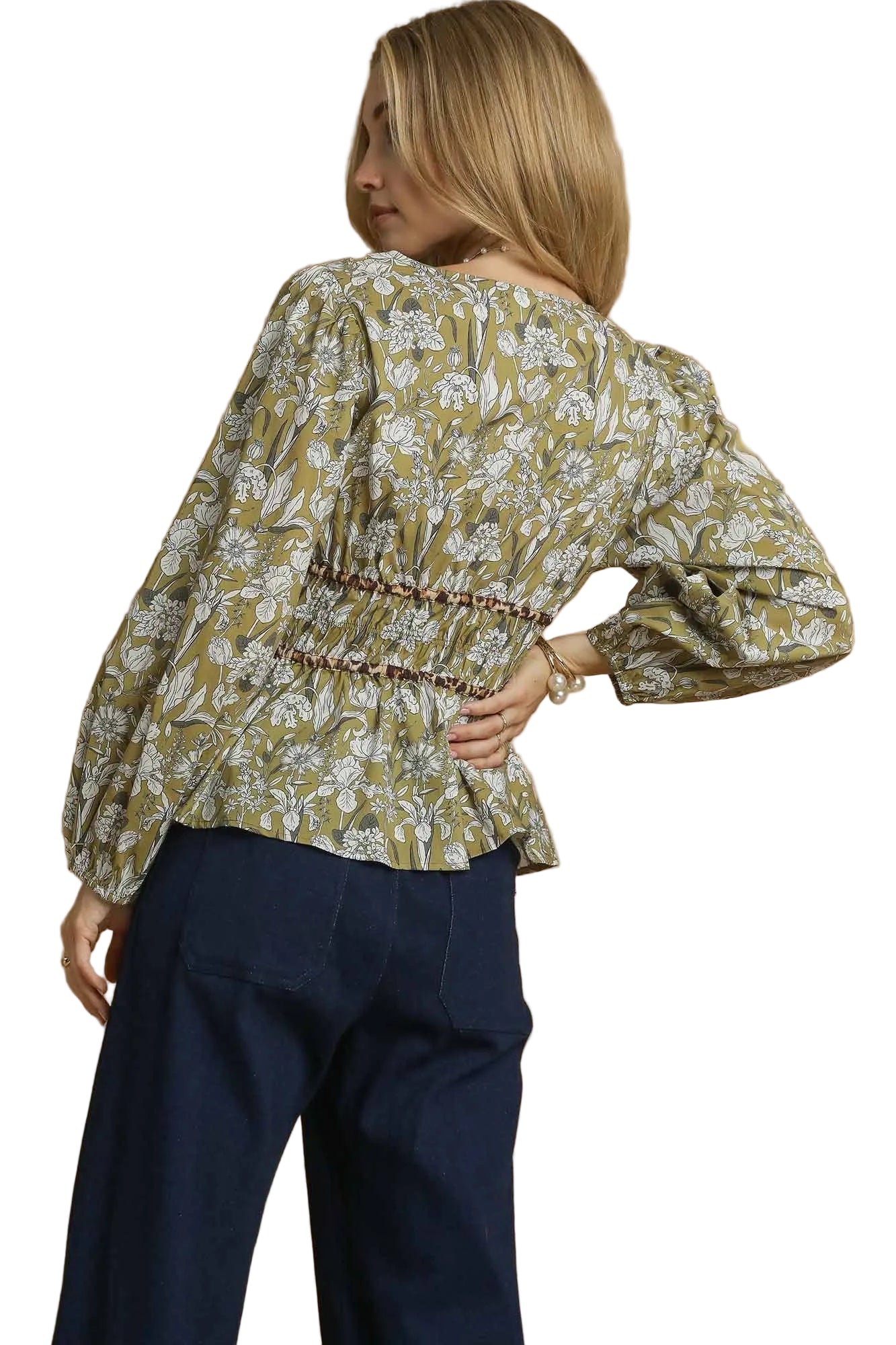 Floral Smocked Peplum Blouse with Tie Detail