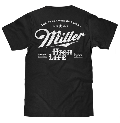 Distressed Miller High Life Logo Front and Back Print T-Shirt - Black