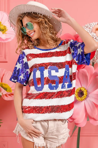 BiBi American Flag Theme USA Lettering Sequin Top