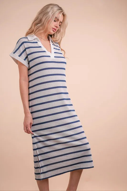 VERY J Oversized Collared Striped Knit Midi Dress