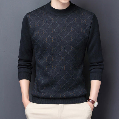 Fleece-Lined Black Pullover - Geometric Pattern Long Sleeve