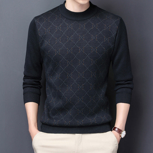 Fleece-Lined Black Pullover - Geometric Pattern Long Sleeve
