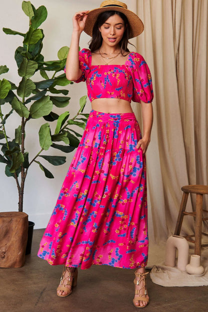 Davi & Dani Smocing Bodice Puff Short Sleeve Printed Crop Top