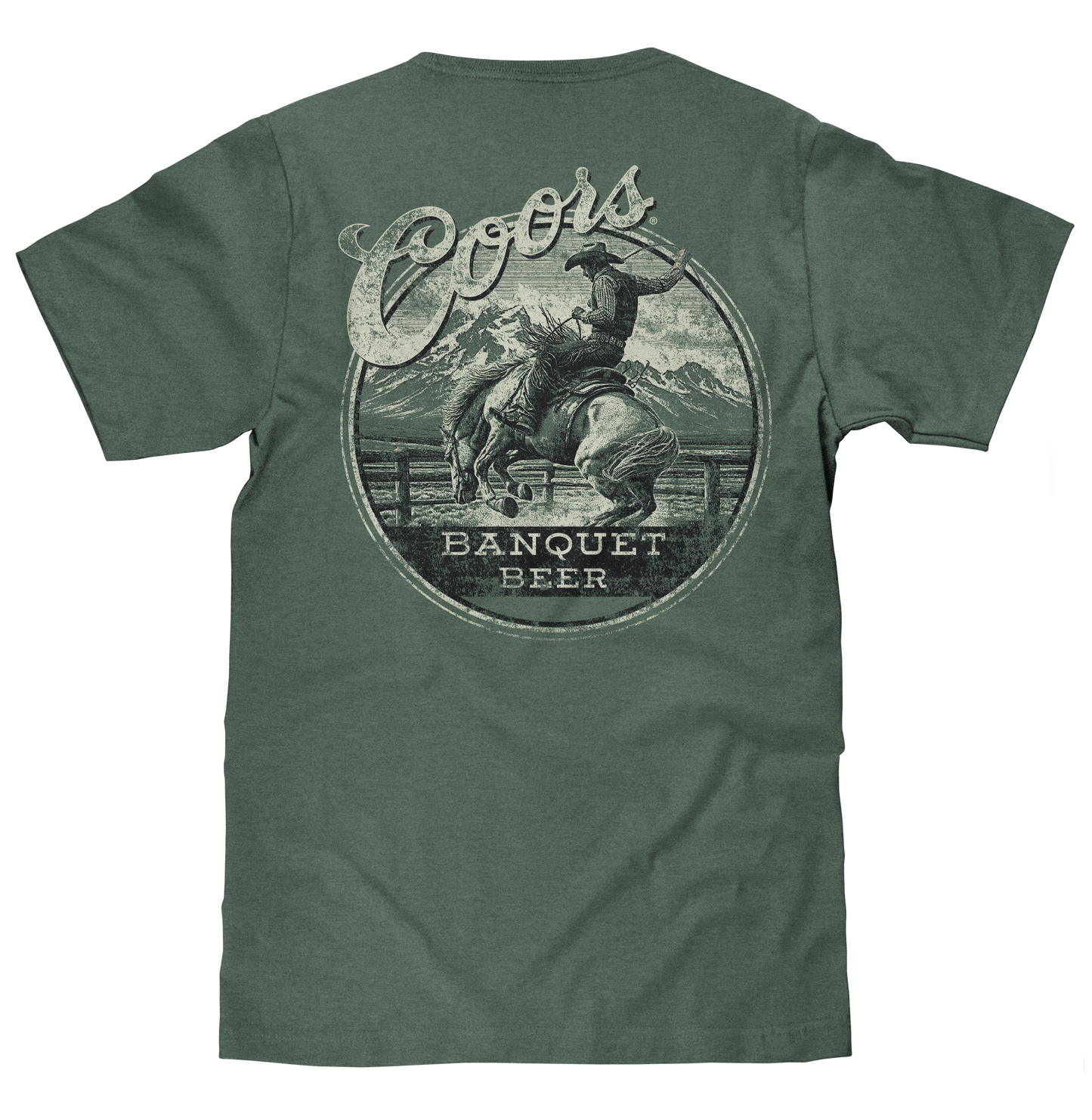 Coors Banquet Beer Rodeo Horse Front Pocket Tee T-Shirt - Cypress Green