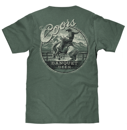 Coors Banquet Beer Rodeo Horse Front Pocket Tee T-Shirt - Cypress Green