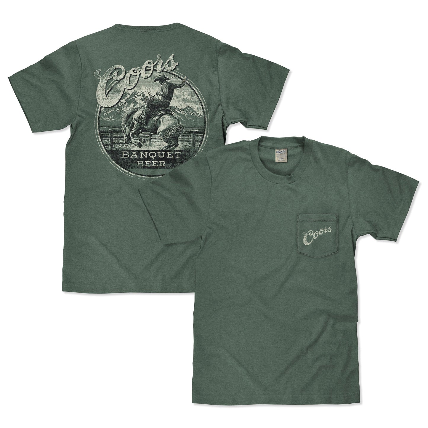Coors Banquet Beer Rodeo Horse Front Pocket Tee T-Shirt - Cypress Green