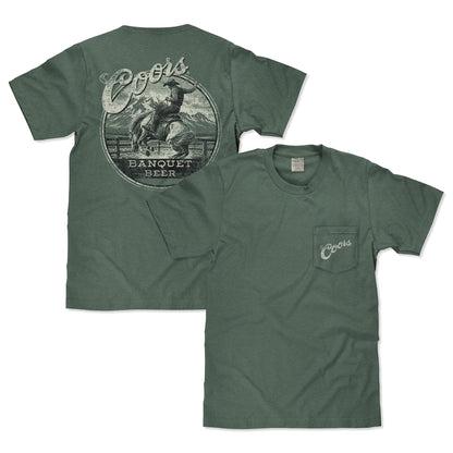 Coors Banquet Beer Rodeo Horse Front Pocket Tee T-Shirt - Cypress Green