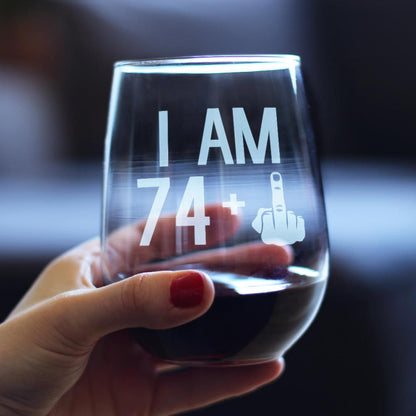 74 + 1 Middle Finger - 75th Birthday Stemless Wine Glass for Women & Men - Cute Funny Wine Gift Idea - Unique Personalized Bday Glasses for Mom, Dad, Friend Turning 75 - Drinking Party Decoration