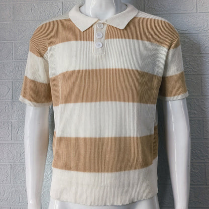 Striped Knit Polo Shirt - Acrylic Lapel Collar Short Sleeve