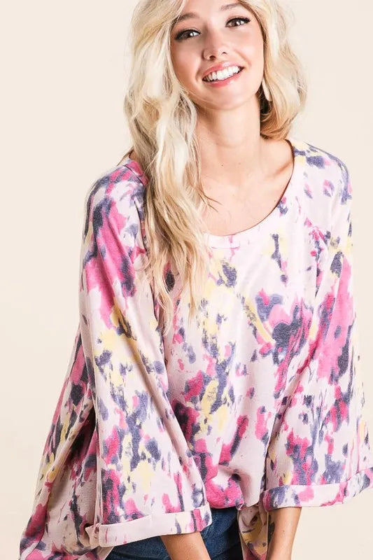 BiBi Tie Dye Print Terry A Line Top with Bell Sleeves