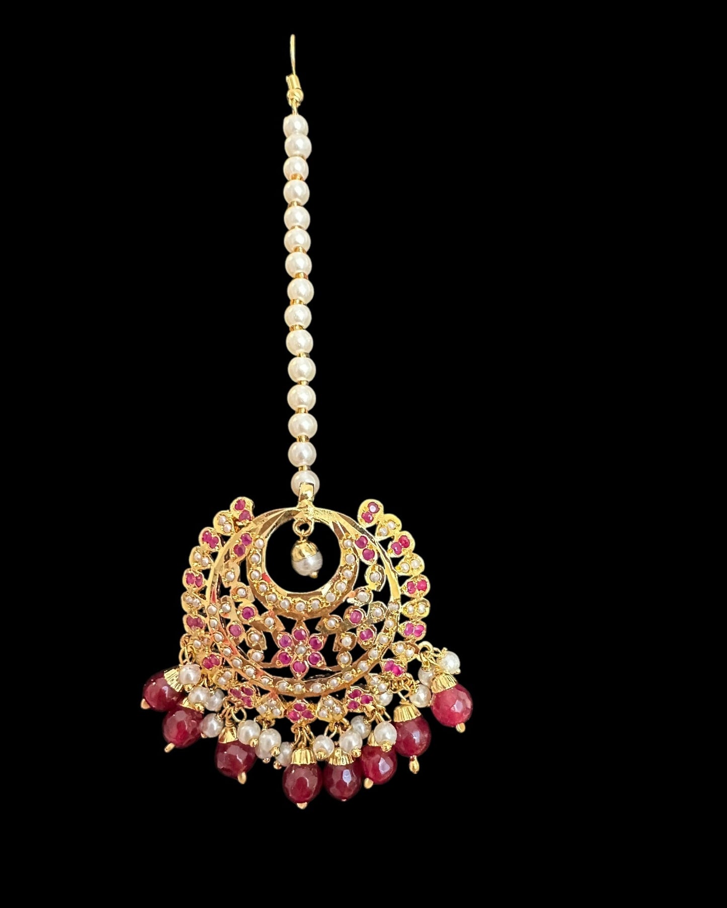 Dafiya ruby pearl Chandbali Earrings & Tika Set | Ships in 4 weeks | Deccan Jewelry