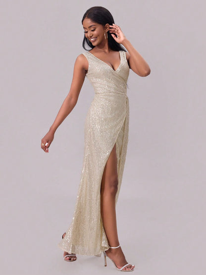 Slit Sequin Surplice Sleeveless Maxi Dress