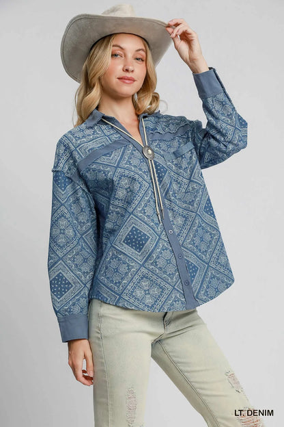 Garden Naked Paisley Print Denim Shirt Jacket