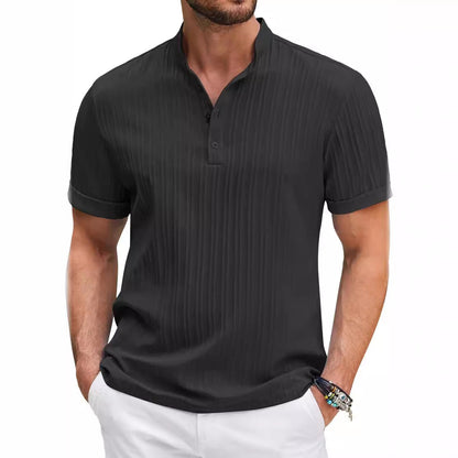 Lightweight Stripe Stand Collar Polo Shirt - Acetate Polyester