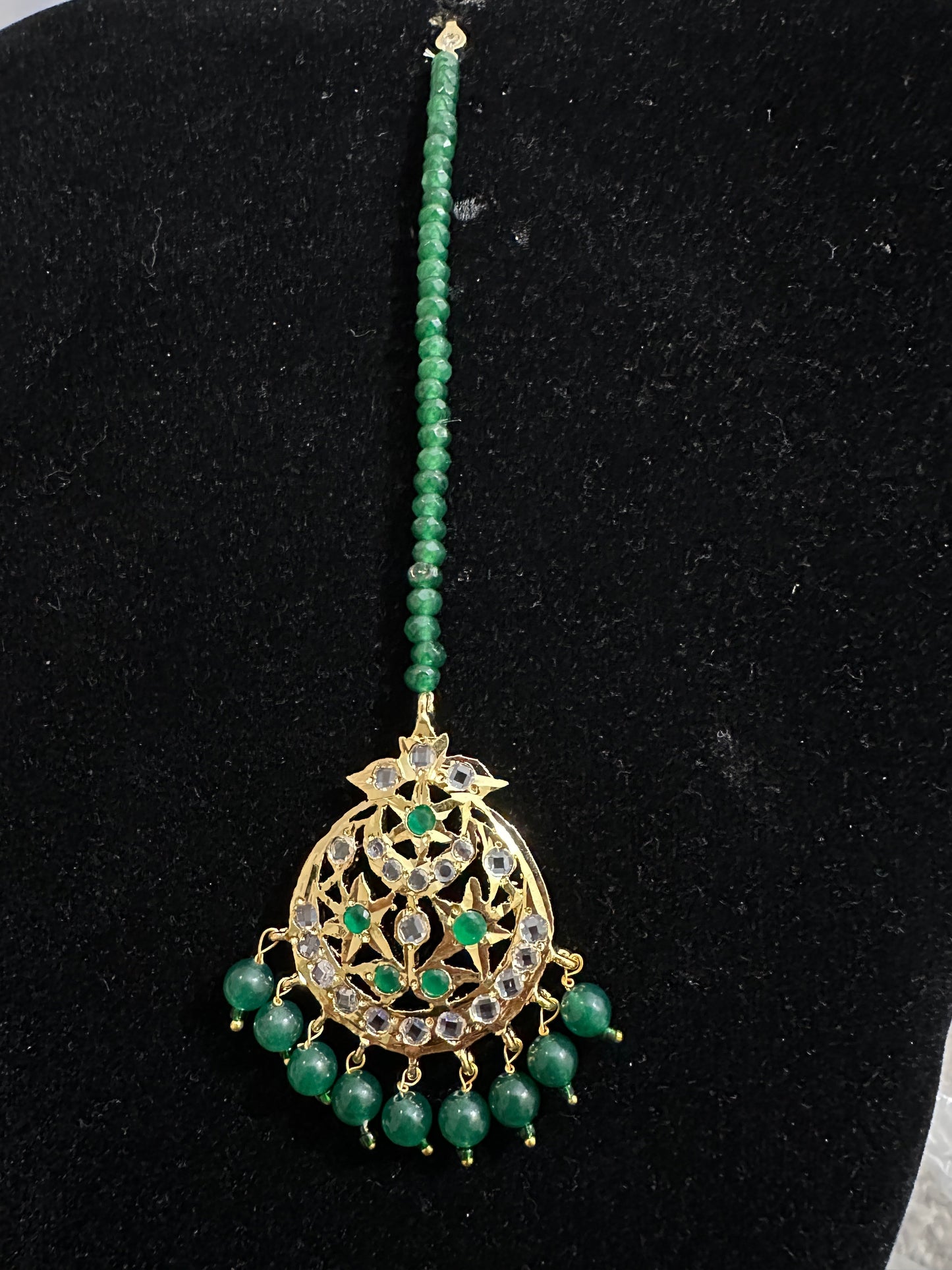 JTK7 Abira jhoomar and tika in green beads  ( READY TO SHIP  )