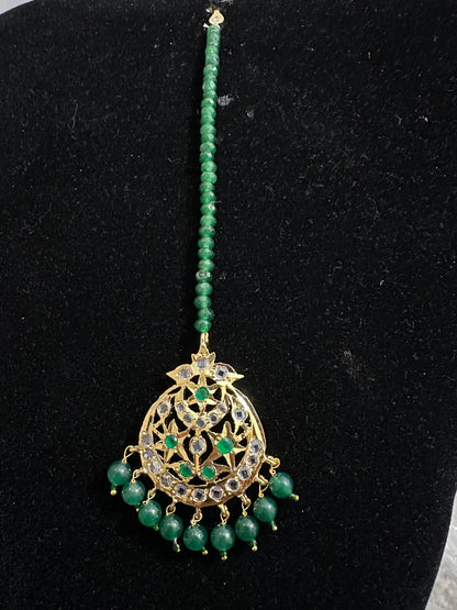 JTK7 Abira jhoomar and tika in green beads  ( READY TO SHIP  )