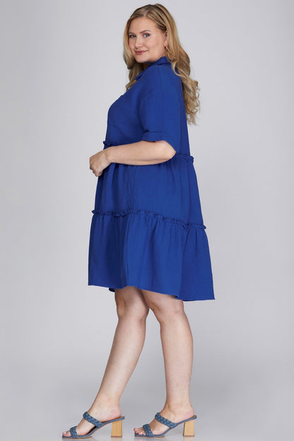 She Sky Full Size Button Front Frill Tiered Mini Dress Plus Size