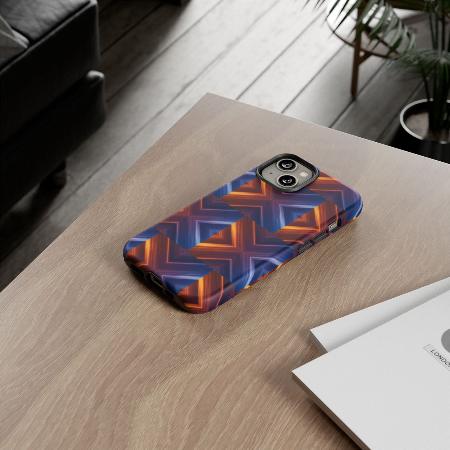 Stylish Tough Phone Case With Blue & Orange Abstract Design
