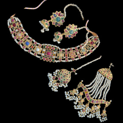 BR471 Naheed navratan bridal set with fresh water pearls and gemstones ( READY TO SHIP )