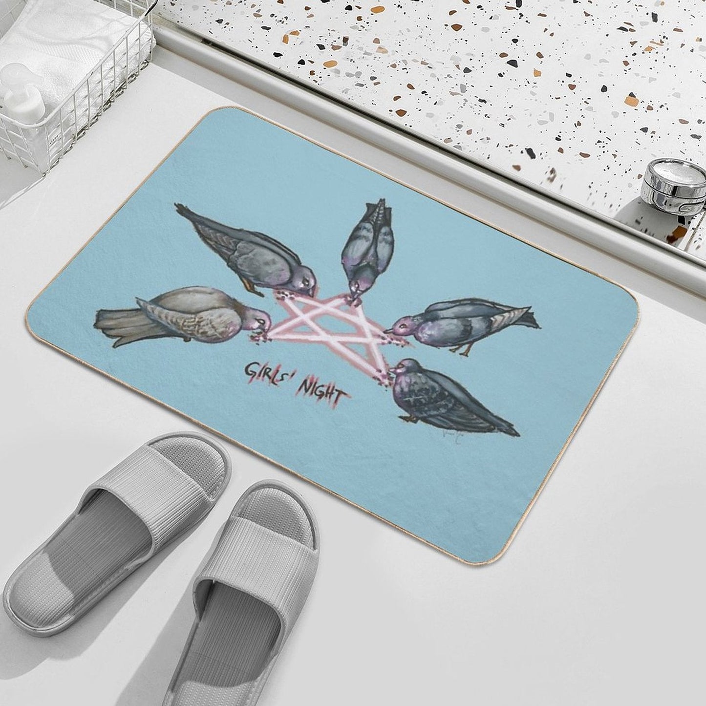 Girl's Night - Pigeon Pentagram (Stickers  Transparent on Clothing  Blue Background) Bath Mat
