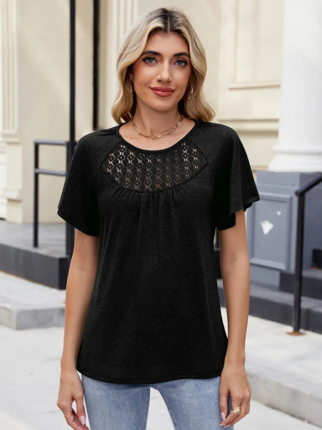 Lace Detail Round Neck Short Sleeve Blouse