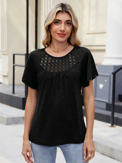 Lace Detail Round Neck Short Sleeve Blouse