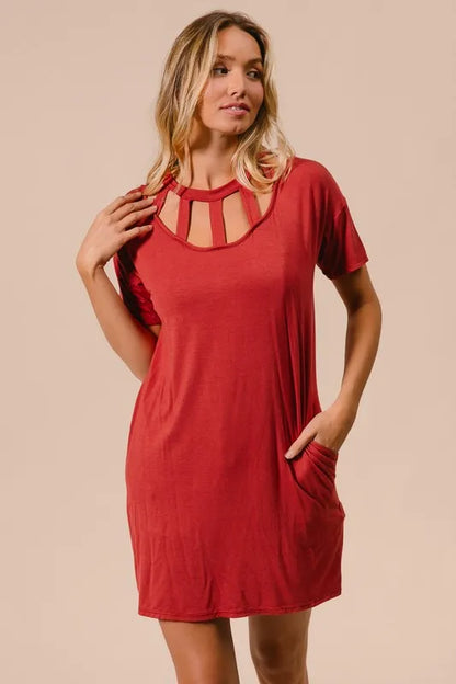 BiBi Front Cutout Mini Tee Dress with Pockets