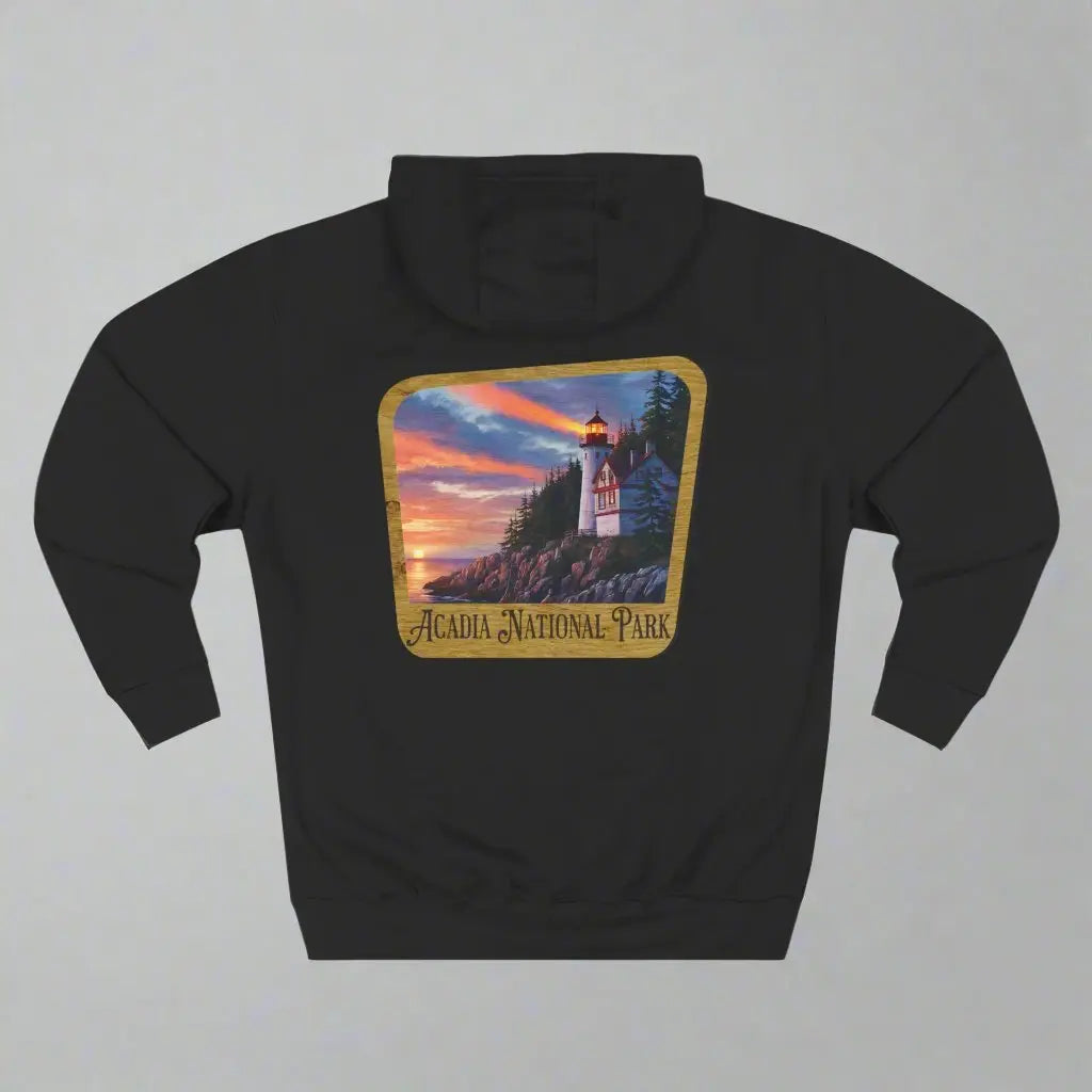 Acadia National Park Fleece Hoodie Scenic Coastal Graphic Wooden Mountain Sign