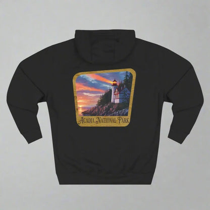 Acadia National Park Fleece Hoodie Scenic Coastal Graphic Wooden Mountain Sign