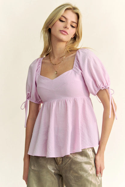 Davi & Dani Solid Elastic Peplum Puffed Sleeves Blouse