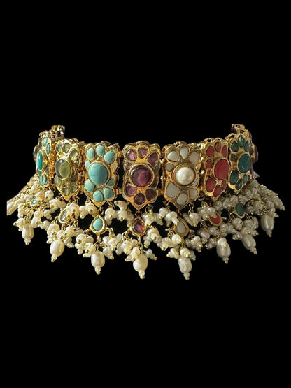 C547 Navratan bridal choker earrings set in fresh water pearls ( READY TO SHIP )