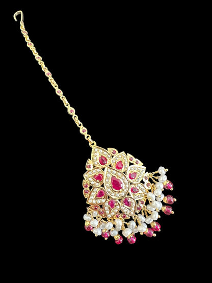 Gold plated silver jadau tikka in pearls and rubies ( SHIPS IN 5 WEEKS )