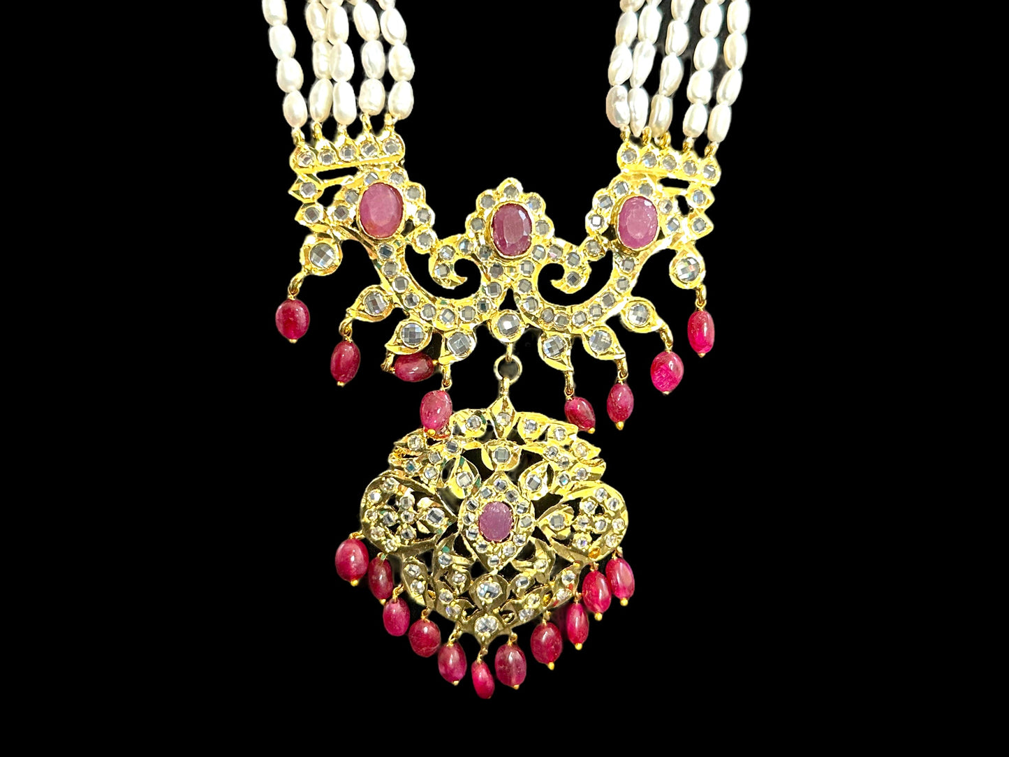 DLN34 Gold plated Rani haar in fresh water pearls and rubies ( READY TO SHIP )