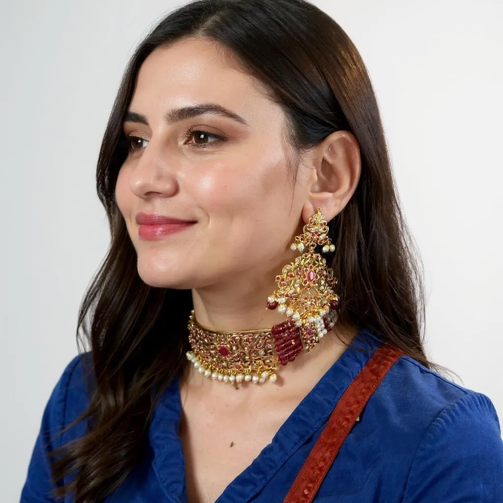 C570 Gold plated jadau choker in Ruby pearls ( READY TO SHIP )