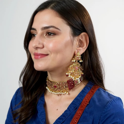 C570 Gold plated jadau choker in Ruby pearls ( READY TO SHIP )