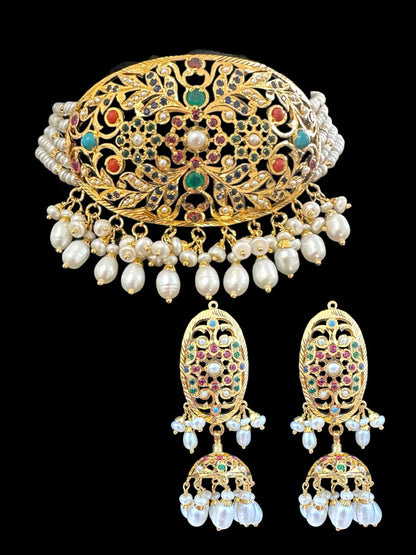 Navratan / Multicolored Jadau choker Set in Gold Plated Silver ( SHIPS IN 5 WEEKS  )