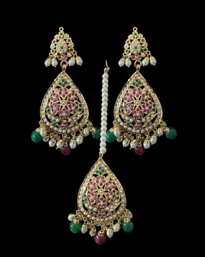Piya jadau earrings tika in ruby emerald pearls ( READY TO SHIP )