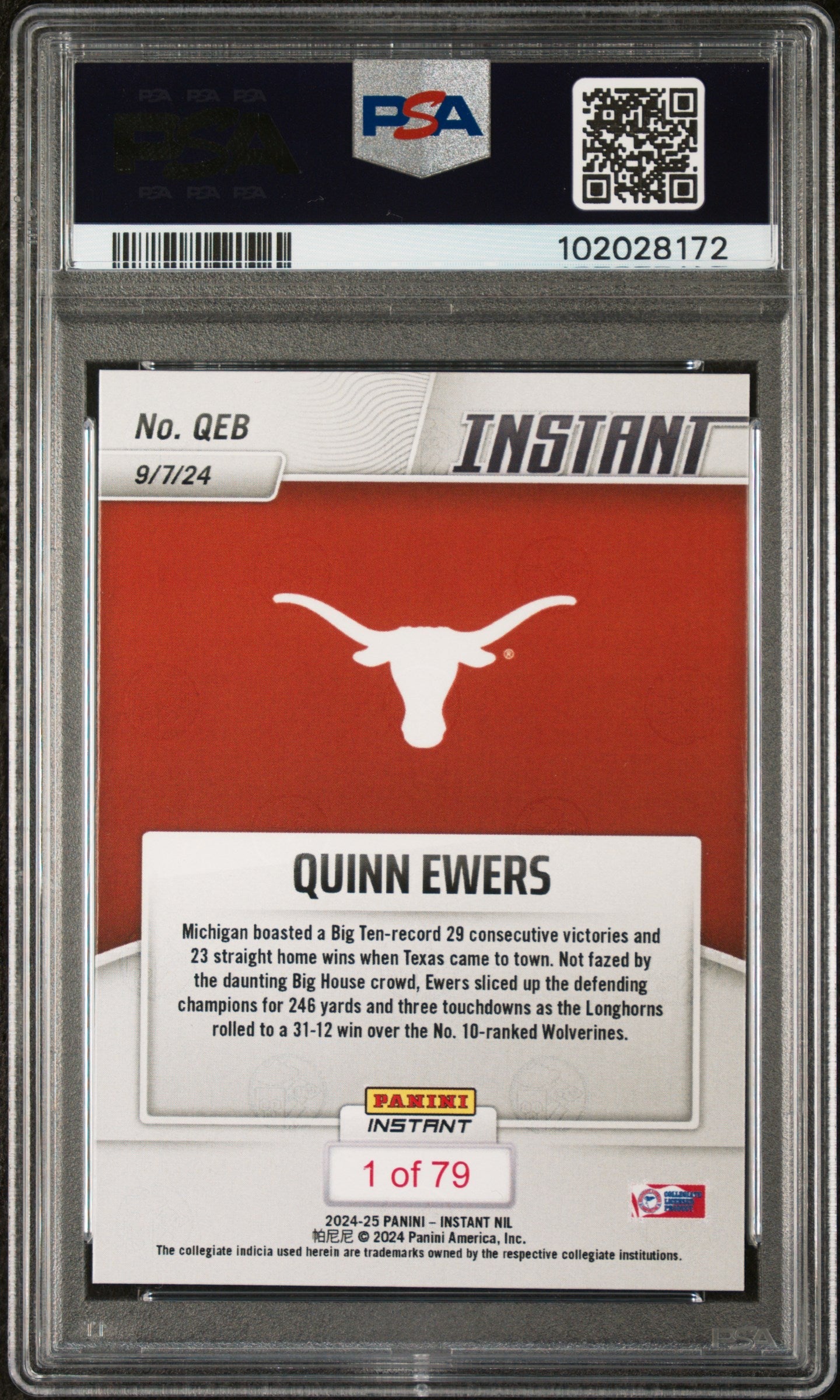 Graded 2024 Panini Instant NIL Quinn Ewers #QEB Rookie RC Football Card PSA 9 Mint