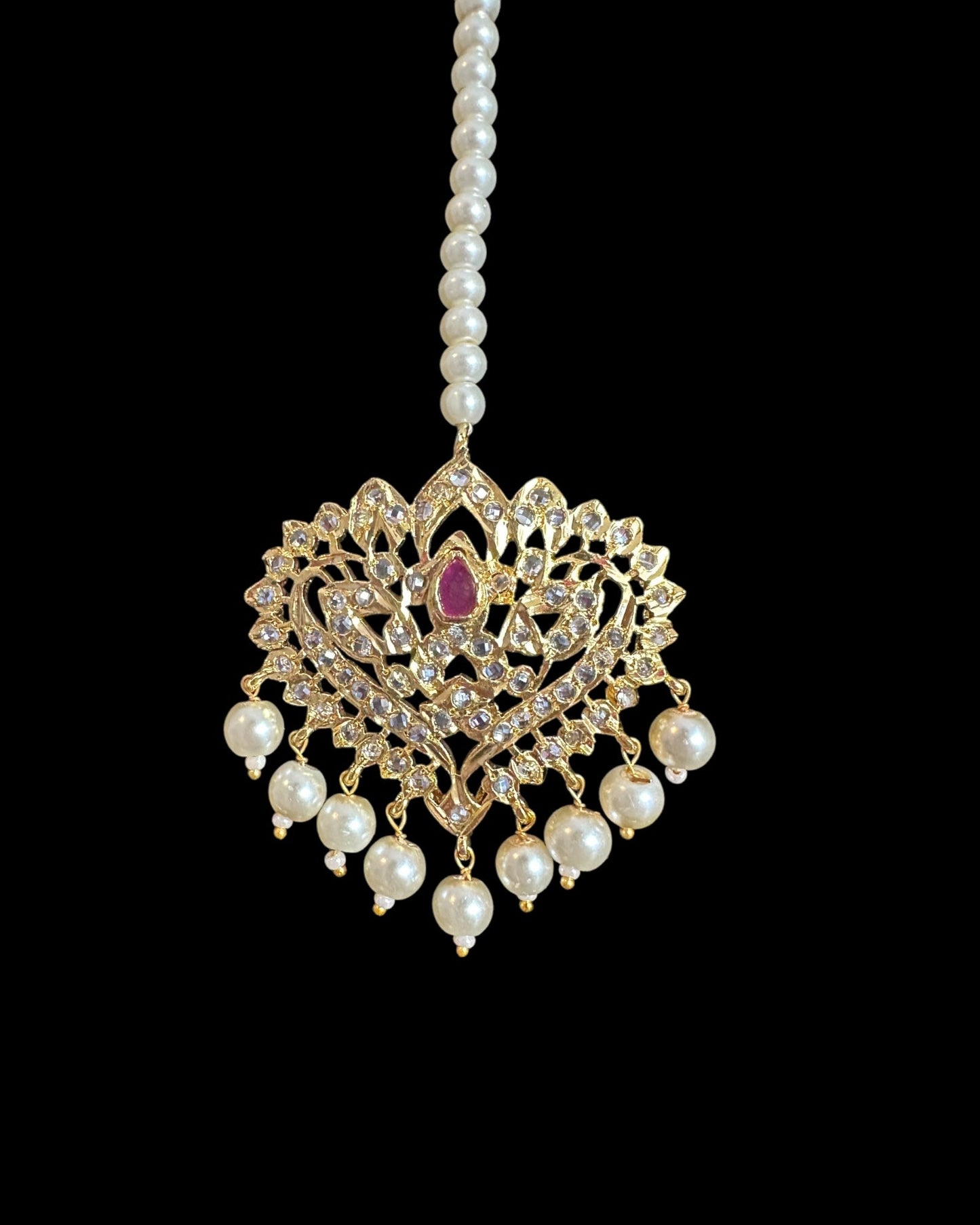 DJTK358 Hiba Gold-Plated Polki Tikka with Ruby & Shell Pearls  ( READY TO SHIP )