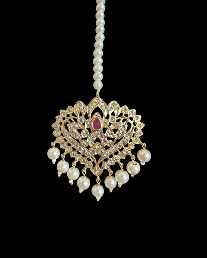 DJTK358 Hiba Gold-Plated Polki Tikka with Ruby & Shell Pearls  ( READY TO SHIP )
