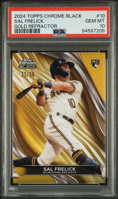 Graded 2024 Topps Chrome Black Sal Frelick #10 Gold Refractor #/50 Rookie RC Baseball Card PSA 10 Gem Mint